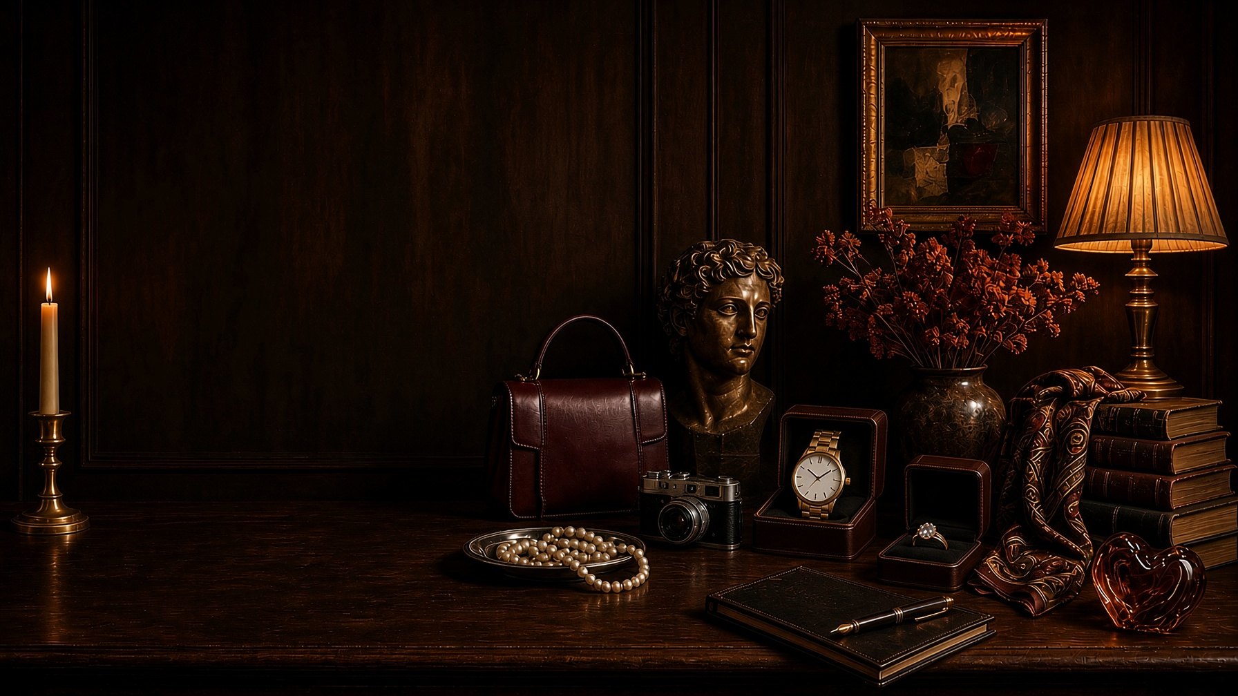 Evening salon — watch and ring on a wood table