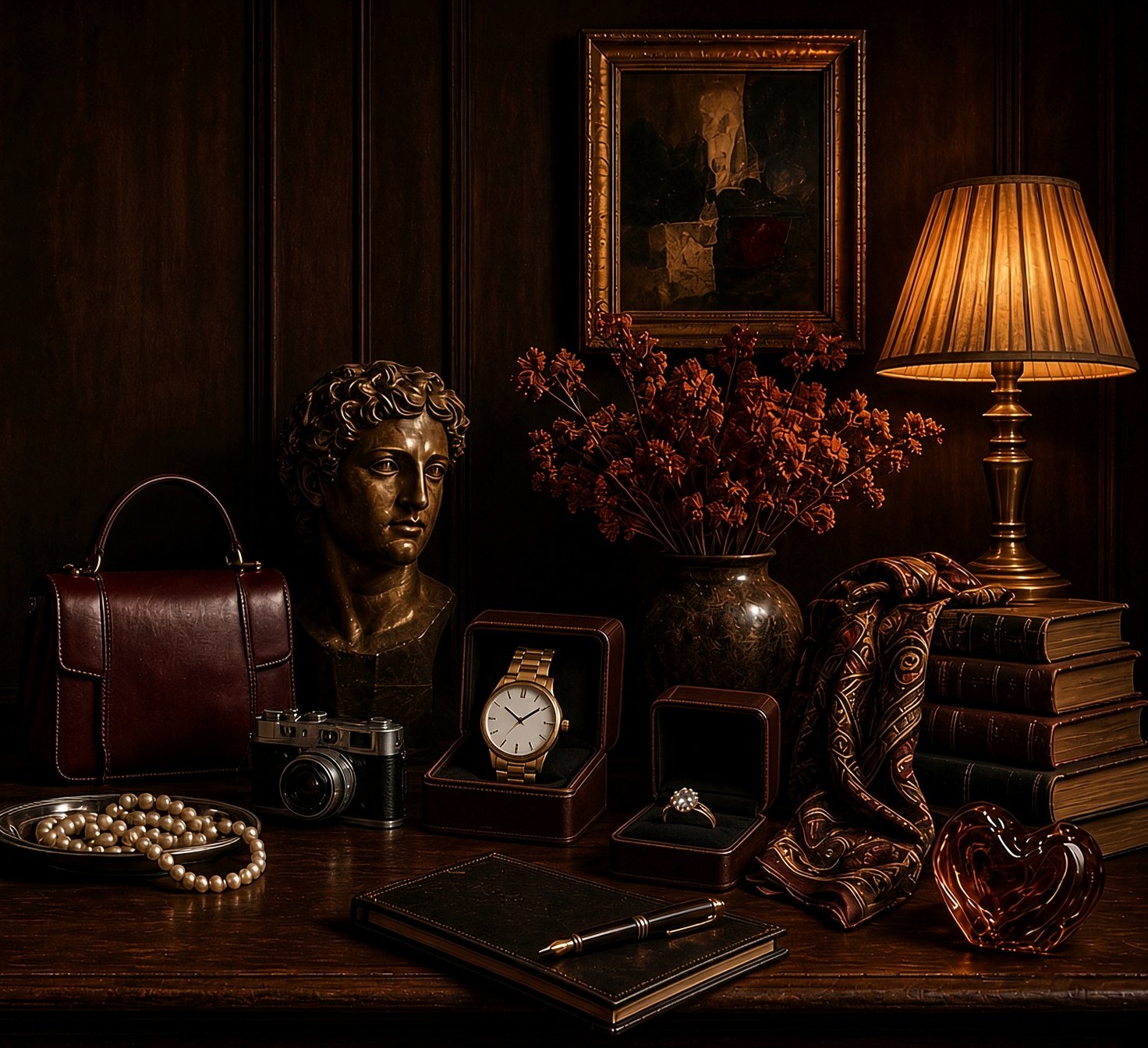 Evening salon — watch and ring on a wood table